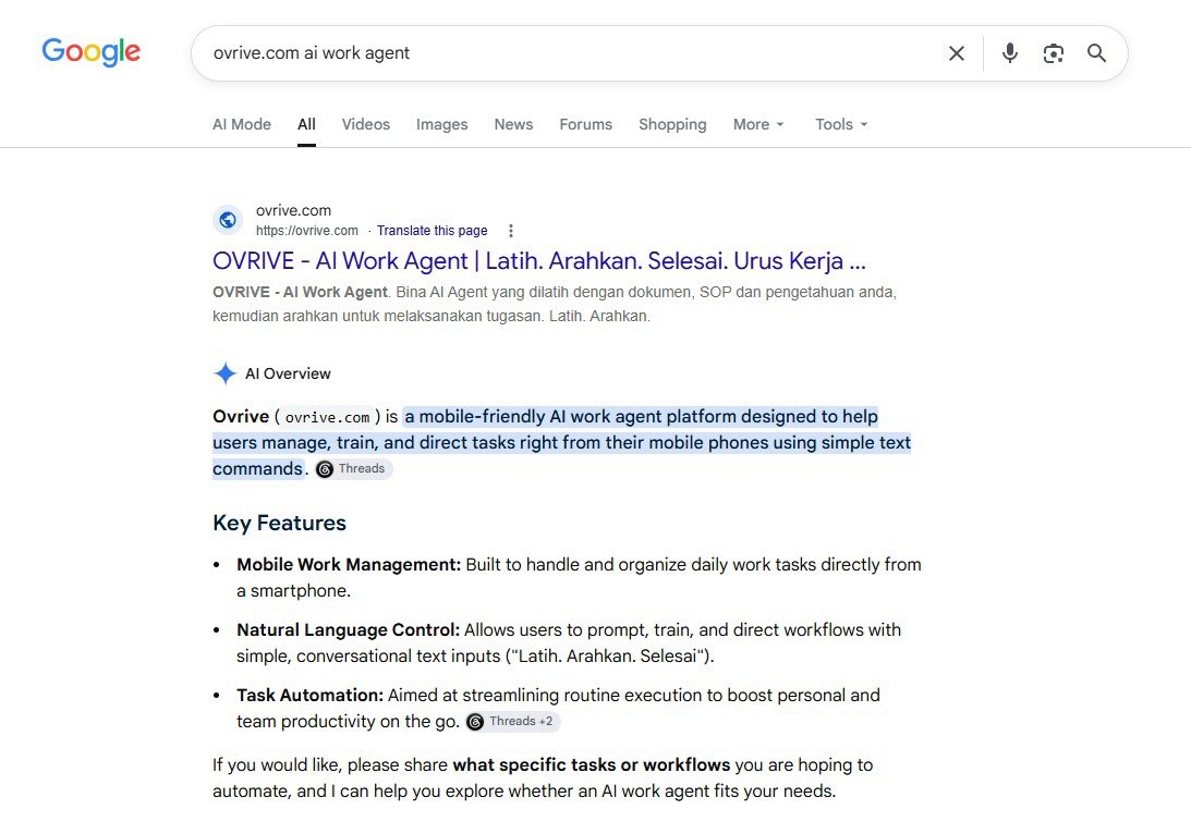 OVRIVE dalam carian Google dengan AI Overview